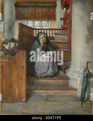 Die Kanzeltreppe (ein aufmerksamer Hörer des Wortes), 1865. Innenansicht der St.-Machar-Kathedrale, gemalt 1865, bevor die Kirche umfassend restauriert wurde, was das Innere komplett verändern sollte. Die Frau auf der Treppe ist Reids Mutter, in der Bank sitzen James Cassie RSA, die Schwester des Künstlers Agnes (Mrs. Watson) und Georges Bruder Archibald Reid ARSA RSW als Junge. Stockfoto