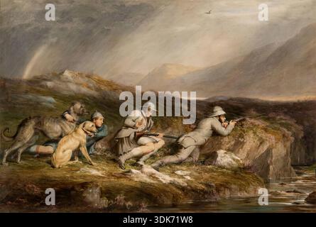 Stalking in den Highlands, 1853. Eine viktorianische Schießparty in einem Moment der Intensität: Die Beute wurde aufgespürt und die Figur auf der rechten Seite hebt sein Gewehr. Währenddessen blickt die zentrale Figur direkt auf den Betrachter mit einer Geste, die für Ruhe zu signalisieren scheint, und der Ghillie auf der linken Seite hält die Deerhounds zurück und krankt seinen Hals für einen Blick auf das Geschehen. Stockfoto