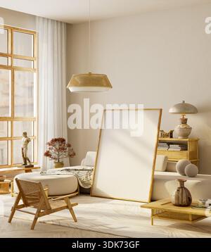 Minimal Japandi Wohnzimmermodell mit Sofa, Couchtisch und leerem Wandbereich, ideal für Text, Poster oder Branding-Displays mit heller Natu Stockfoto