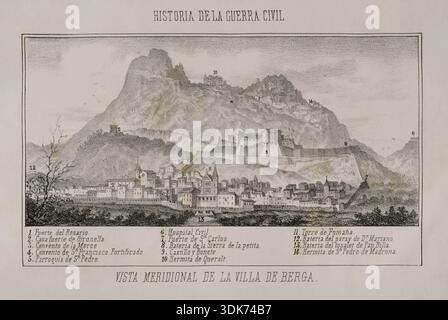 Erster Karlistenkrieg (1833–1840): Südansicht der Stadt Berga, 1870. Aus Historia de la guerra Civil y de los partidos liberal y carlista (Geschichte des Bürgerkriegs und der liberalen und karlistischen Parteien) von Antonio Pirala, Vol VI, Madrid, 1870. Stockfoto
