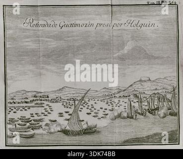 Die Gefangennahme von Guatimocín, (1496–1525), dem letzten Kaiser der Azteken, als er am 13. August 1521 versuchte, Tenochtitlán in einem Kanu zu fliehen (1771). Er wurde von einer spanischen Brigantin überholt, die von GARCíA Holguín gesteuert wurde. Aus „Historia de la Conquista de México, población, y progresos de la américa septentrional, conocida por el nombre de Nueva EspañA“ (Geschichte der Eroberung Mexikos, Population und Fortschritt Nordamerikas, bekannt unter dem Namen Neuspanien 1610), geschrieben von Antonio de Solí 1686, Riveneryra Stockfoto
