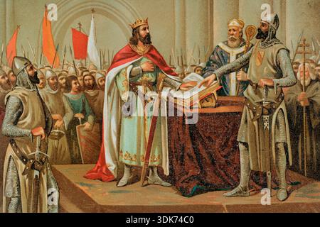 Mittelalterliche Legende über den Eid von Santa Gadea, 11. Jahrhundert, (1889). Der König von León Alfonso VI. Musste 1072 in der Kirche Santa Gadea in Burgos einen öffentlichen Eid ablegen, dass er nicht an der Ermordung seines Bruders, König Sancho II., beteiligt gewesen sei, aus der Historia General de EspañA (Allgemeine Geschichte Spaniens) von Miguel de Morayta, Vol II., Madrid, 1889. Stockfoto