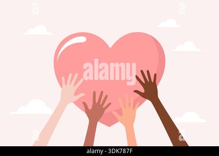Hände von Menschen verschiedener Nationalitäten und Hauttöne halten ein großes rotes Herz über ihnen, flache Vektor-Illustration Stock Vektor