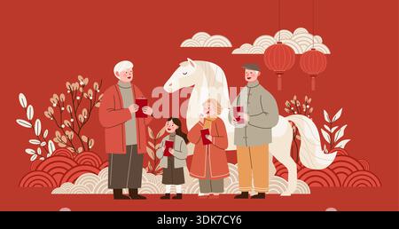 Feuerpferd Chinesisches Neujahr 2026 Familienfeier traditionelle Kleidung rot umhüllt Laternen floralen Hintergrund Wolken festliche Szene Stock Vektor