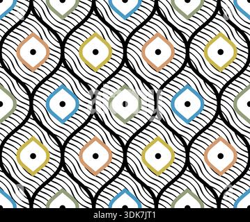 Modernes nahtloses Vektormuster mit bunten Ogee-Formen, schwarzen Wellen und augenähnlichen Motiven Stock Vektor