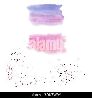 Eine Reihe von Flecken und Spritzern in lila-rosa Aquarellen. Isolierte Aquarellillustration im A-la-prima-Stil für Postkarten, Innenräume, Frühlingsferien, PA Stockfoto