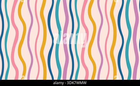 Ein lebendiges, verspieltes nahtloses Muster mit vertikalen, unregelmäßigen Wellenlinien in einer Retro-Farbpalette. Handgezeichnetes, lockiges Streifenmuster. Ideal für Background Stock Vektor