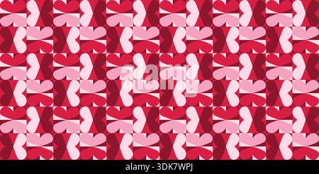 Ein nahtloser roter und rosafarbener Bauhaus-Herzmuster-Hintergrund. Dieses geometrische Design ist perfekt für Valentinstag, Hochzeiten, Textilien oder andere Liebesmotive Stock Vektor