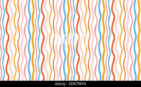 Ein nahtloses, handgezeichnetes, welliges Streifenmuster. Das farbenfrohe Streifenmuster im Doodle-Stil mit vertikalen, unregelmäßigen Wellenlinien ist perfekt für Kinder-Proje Stock Vektor