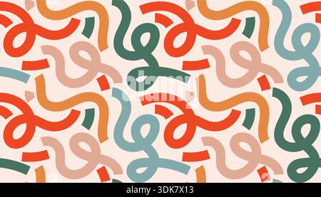 Ein lebendiges, fließendes, nahtloses Muster mit auffälligen, abstrakten Bändern oder Squiggle-Formen. Das farbenfrohe, moderne Design eignet sich hervorragend für modernes Branding Stock Vektor