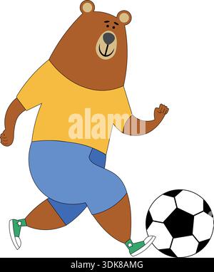 Ein kleiner Bär in einer Sportuniform rennt einem Fußball nach. Niedlicher Teddybär-Fußballspieler. Farbvektor-Illustration ohne Hintergrund. Stock Vektor