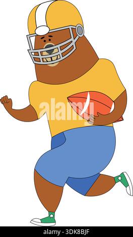 Tragen Sie Sportbekleidung und einen Helm, der mit einem Fußball läuft. Süßer Teddybär, amerikanischer Football-Spieler. Farbvektor-Illustration ohne Hintergrund. Stock Vektor