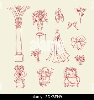 Set mit eleganten handgezeichneten Hochzeitskritzeleien Stock Vektor