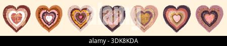 Vector Rustic Boho Heart Collection, handgezeichnete strukturierte Designs in Erdtönen Stock Vektor