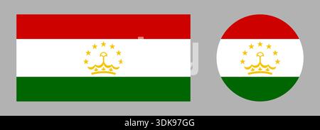 Flagge der Republik Tadschikistan. Tadschikistan Flag kreisförmige, rechteckige Symbolvorlagen. Runde, rechteckige Flagge Tadschikistans. Flaggenkreis Tadschikistans Stock Vektor