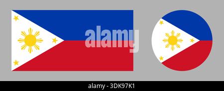 Philippinen Flaggenrechteck, kreisförmige Symbole. Flagge der Philippinen Runde, rechteckige Abzeichen. Set von nationalem philippinischem Flaggensymbol, Taste. Stock Vektor