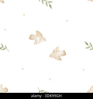 Vögel, die zwischen grünen Ästen fliegen, hinterlassen Aquarellmuster. Handgezeichnete Illustration in niedlichem kindlichem Stil. Nahtloser Hintergrund für Babydesigns Stockfoto