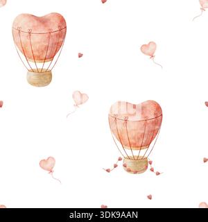 Luftballons Aquarellmuster. Handgezeichnete Illustration herzförmig im kindlichen Stil. Nahtloser Hintergrund für Babydesigns und Kinderzimmer-Prints Stockfoto
