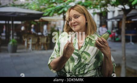 Frau mittleren Alters, die eine grüne Saftflasche hält und in einem Straßencafé eine gedrückte Fingergeste macht; Wellness-Genuss verspielt. Stockfoto