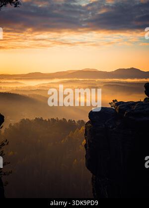 Goldener Sonnenaufgang über nebelig bewaldeten Hügeln mit einem Felsvorsprung im Vordergrund. Stockfoto