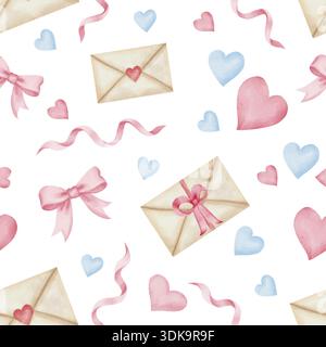 Nahtloses Aquarellmuster mit Papierumschlag, rosa Herzen und blauen Satinbändern. Weißer Hintergrund, handgezeichnet. Zum Einpacken von Papier, Textilien, Valentinskarten, Hochzeiten, Geburtstagen Stockfoto