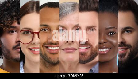 Collage mit Menschen unterschiedlichen Alters und Rassen. Gleichheit und Vielfalt Stockfoto