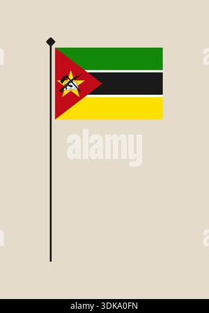 Offizielle mosambikanische Nationalflagge fliegt stolz auf einem Polen, symbolisiert Identität und Patriotismus, saubere Vektor-Illustration mit beigem Hintergrund. Stock Vektor