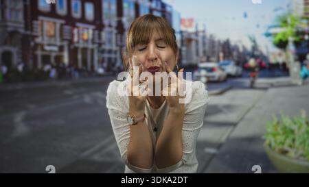 Die Frau drückt auf einer Straße Zeigefinger auf beide Wangen, knipst die Lippen und schließt die Augen, während sie sich zur Kamera neigt; verspielter Unfug. Stockfoto