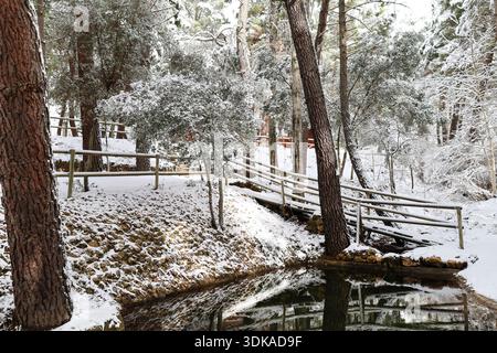 Schneebedeckte Landschaft mit wunderschönem See und Holzbrücke in Sierra de Alcaraz, Albacete, Spanien Stockfoto