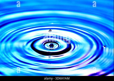 Ein Wassertropfen, der ins Wasser fällt und Wellen erzeugt Stockfoto