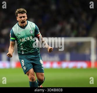 Sabadell, Barcelona, Spanien. 30. Januar 2026. Barcelona Spanien 30.01.2026 Antonio Blanco (Deportivo Alaves) feiert, nachdem er am 30. Januar 2026 in Barcelona das zweite Tor seiner Mannschaft bei der La Liga EA Sports zwischen Espanyol und Deportivo Alaves im RCDE-Stadion erzielte. (Kreditbild: © Xavi Urgeles/ZUMA Press Wire) NUR REDAKTIONELLE VERWENDUNG! Nicht für kommerzielle ZWECKE! Quelle: ZUMA Press, Inc./Alamy Live News Stockfoto