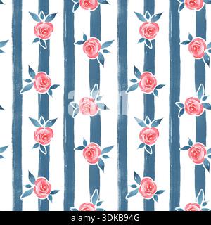Hand gezeichnete Aquarellillustration des nahtlosen Blumenmusters mit kleinen roten Rosen und blauen strukturierten Pinselstrichen auf weißem Hintergrund. Botanischer Fluss Stockfoto