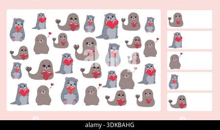 Niedlicher Otter und SEAL I Spy Spiel Illustration Set mit mehreren Charakteren und Objekten. Verspielter Cartoon-Stil, entworfen für Kinder, Aktivitätsbücher, Lehrbücher Stock Vektor