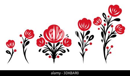 Set aus dekorativen volkstümlichen Blumenelementen in roten und schwarzen Farben. Auffälliger flacher Vektor-Stil, inspiriert von traditionellen Ornamenten, perfekt für Branding und Poster Stock Vektor