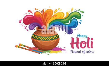 Happy holi Festival der Farben Illustration mit traditionellem Tontopf, lebhaftem, fließendem gulal-Spritzer und festlichen Elementen, die indische kulturelle Ho zelebrieren Stock Vektor