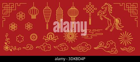 Chinesische Neujahrsgoldenlinie Kunstelemente auf rotem Hintergrund. Set von Ikonen mit Laternen, Pferd, Wolke, Blume, Pflaumenblüte, Feuerwerk, Knoten, Münze und Stock Vektor