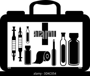 Schwarzes erste-Hilfe-Kit Silhouette-Symbol mit medizinischem Zubehör einschließlich Spritzen Fläschchen Klebeband und Plus-Symbol für medizinische Notfälle Stock Vektor