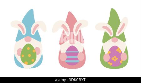 Niedliche Ostergnome Set, Frühling Feiertag Flache Vektor-Illustration. Entzückende Frühlings-Gnome-Zeichen Flaches Vektor-Design. Stock Vektor