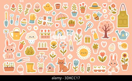 Niedlicher Frühlingsgartenaufkleber mit Blumen, Pflanzen, Werkzeugen, Tieren und gemütlichen Elementen. Handgezeichnete skurrile Vektorillustrationen in weichem Pastellfarben Stock Vektor