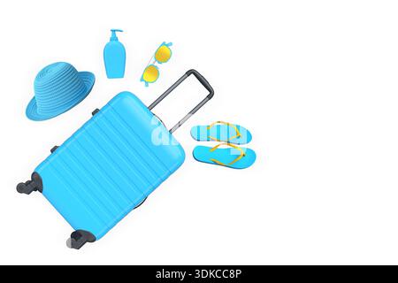 Koffer, Strohhut, Flip-Flops, Sonnencreme und Sonnenbrille auf weißem Hintergrund, symbolisiert die Sommerreise. Stockfoto