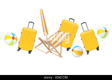 Koffer, gestreifter Schirm, Liegestühle und Strandbälle isoliert auf weißem Hintergrund. Konzept des Sommerurlaubs. Stockfoto