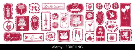 Skurriler Doodle-Wellenrahmen mit Grunge-Effekt. Coquette Stimmung romantische Elemente Kuchen Champagnerkerzen Bögen handgezeichnete Symbole. Grenzen Rahmen verschiedene Formen Vintage Design Vektor Illustration Stock Vektor
