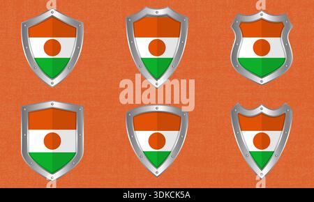Vektorsatz aus Metallschilden mit Niger-Flagge und Schatten Stock Vektor
