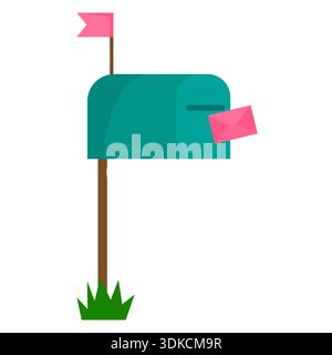 Abbildung des Mailbox-Symbols. Grüner Pfostenbehälter. Rosafarbener Buchstabenvektor. Grasgartendetail. EPS 10. Stock Vektor