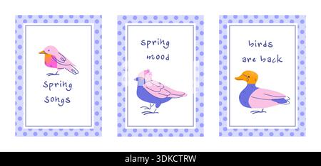Frühlingsvögel Gruß Postkarte Illustration Set Stock Vektor
