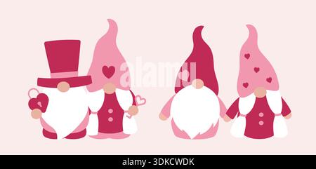 Niedliche Valentinstag-Gnome Paare flache Vektor-Illustration Set. Lustige Gnome feiern das Clipart-Design zum Valentinstag. Stock Vektor