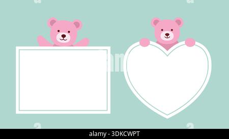 Valentinstag rosa Bär, der Herz und quadratische Form leeres Zeichen flache Vektor-Illustration hält. Zum Valentinstag, zur Hochzeit oder zum Geburtstag. Stock Vektor