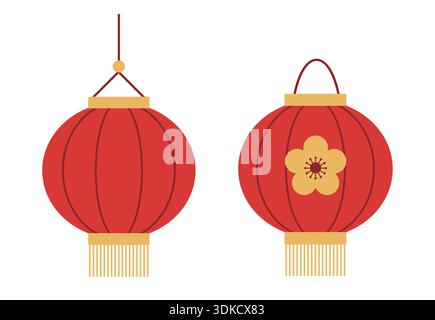 Chinesisches Neujahrsrot Laterne flache Vektor-Illustration Set. Lunar Silvester und Mid-Herbstfest Laterne Dekoration. Chinesisches Laternenfest. Stock Vektor