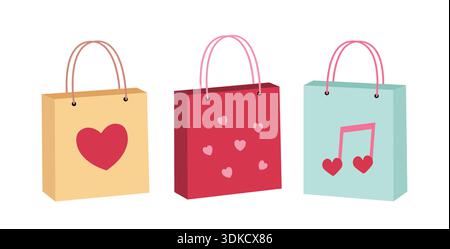 Satz Valentinstag Geschenktüte flache Vektor-Illustration. Einkaufspapiertüte Clipart mit Herz- und Notenmuster. Weißer Hintergrund. Stock Vektor