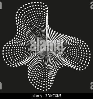 Abstrakte Halbtonblütenform. Weißes gepunktetes radiales Muster auf schwarzem Hintergrund. Geometrischer Spiralwirbel. Optische Illusionsgrafik. EPS 10. Stock Vektor